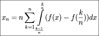 \Large \boxed{x_n=n\sum_{k=1}^n\int_{\frac{k-1}{n}}^{\frac{k}{n}}(f(x)-f(\frac{k}{n}))dx}